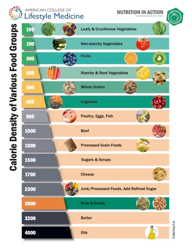 Chart of calorie density of various food groups per pound, from vegetables at 100 calories up to oils at 4,000 calories.