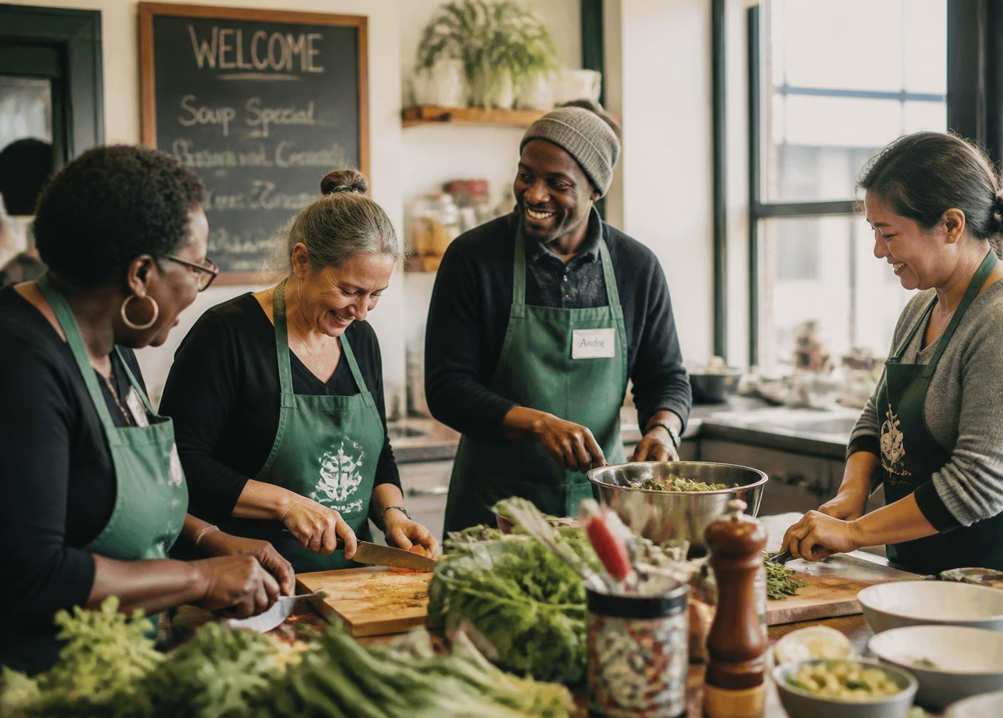 A small group of adults cooking fresh vegetables together in a teaching kitchen